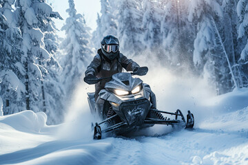 Fototapeta na wymiar man in helmet rides a snowmobile through the forest, ai generative