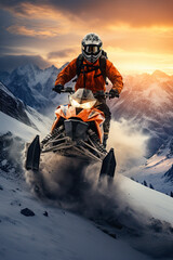 man in helmet rides a snowmobile through the forest, ai generative