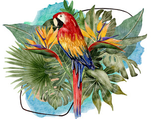 Tropical plants and birds watercolor painting