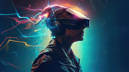 Illustration of woman with glasses of virtual reality. Future technology concept. Generative AI