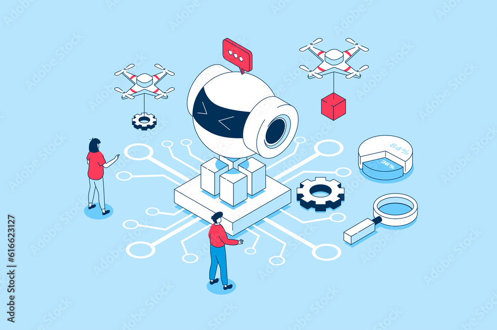 Poster Artificial intelligence concept in 3d isometric design. People creating, working and programming ai robots, machine learning and automation. Illustration with isometry scene for web graphic
