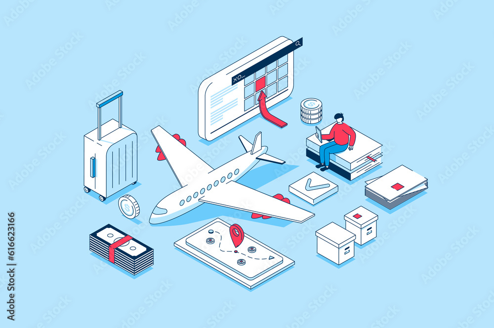 Leinwandbilder Booking flight concept in 3d isometric design. People choosing travel destination and creating route, ordering and buying tickets to plane. Illustration with isometry scene for web graphic