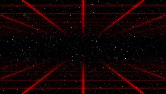 Abstract grid or wireframe net animation. Dynamic blinking and moving stars on the background. Bright glowing neon lights. High technology. Red colors. Space.