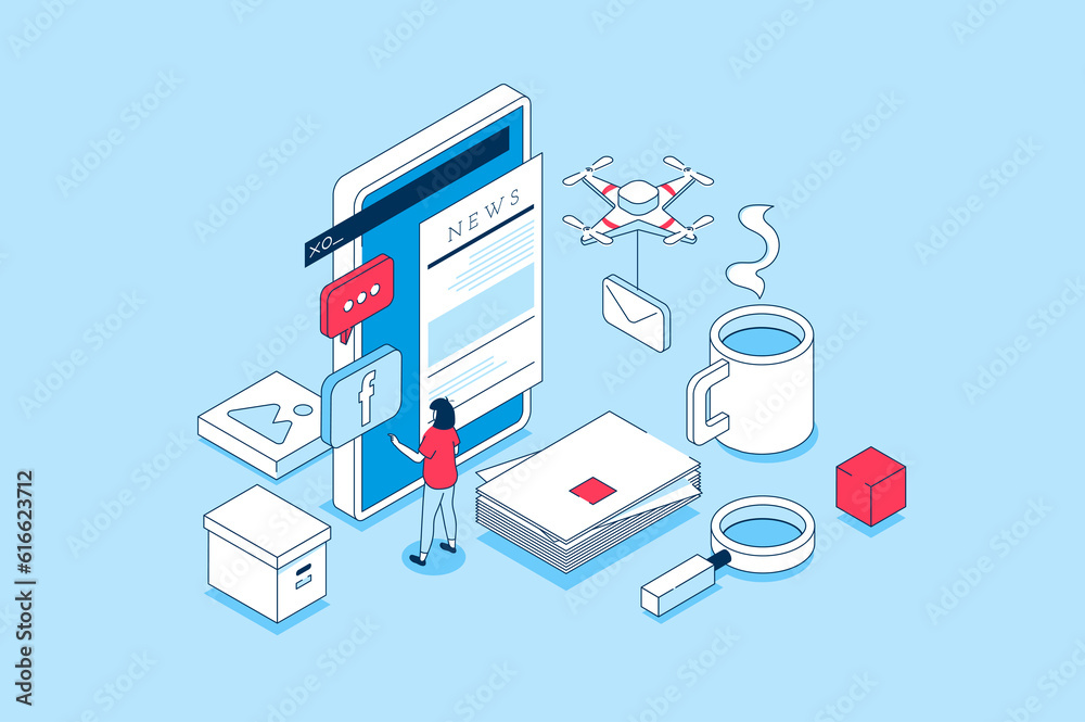 Aufkleber mobile news concept in 3d isometric design. people using smartphones to reading breaking news, posts