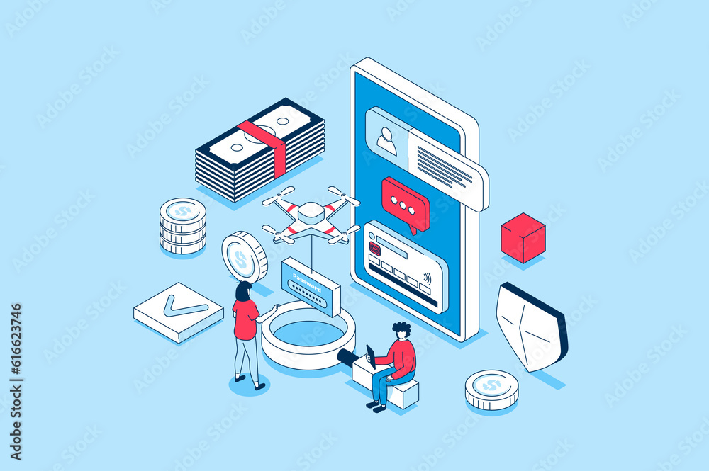 Leinwandbilder Mobile wallet app concept in 3d isometric design. People managing and controlling financial accounts and credit cards at online banking service. Illustration with isometry scene for web graphic