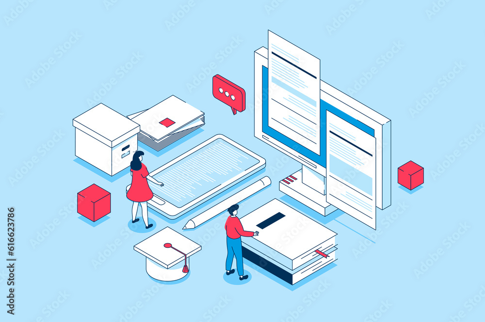 Leinwandbilder modern education concept in 3d isometric design. people learning at digital classroom, reading e-boo