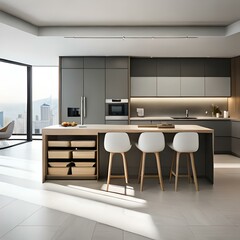 Kitchen with smart appliances with display screen and a smart oven with voice-controlled settings, concept of Smart Home and Artificial Intelligence
