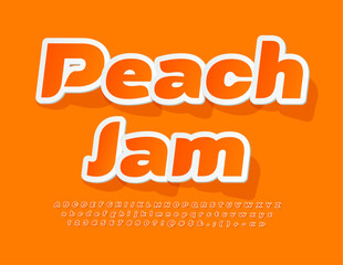 Fototapeta na wymiar Vector advertising flyer Peach Jam. Orange sticker Font. Bright Alphabet Letters, Numbers and Symbols set