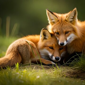 A pack of red foxes cuddled up together in their cozy den, concept of Familial bonding