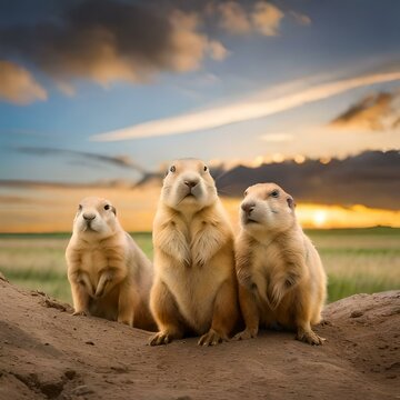 A group of prairie dogs popping in and out of their burrows on the grassy plain, concept of Burrow dwellers' behavior