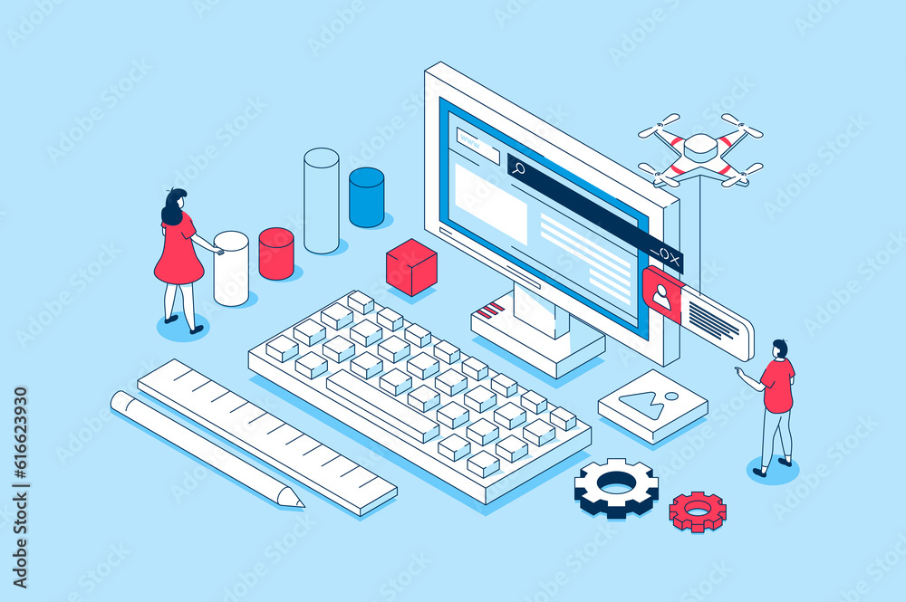 Fototapete Programming concept in 3d isometric design. People working with code or script, creating software, prototyping and making optimization programs. Illustration with isometry scene for web graphic
