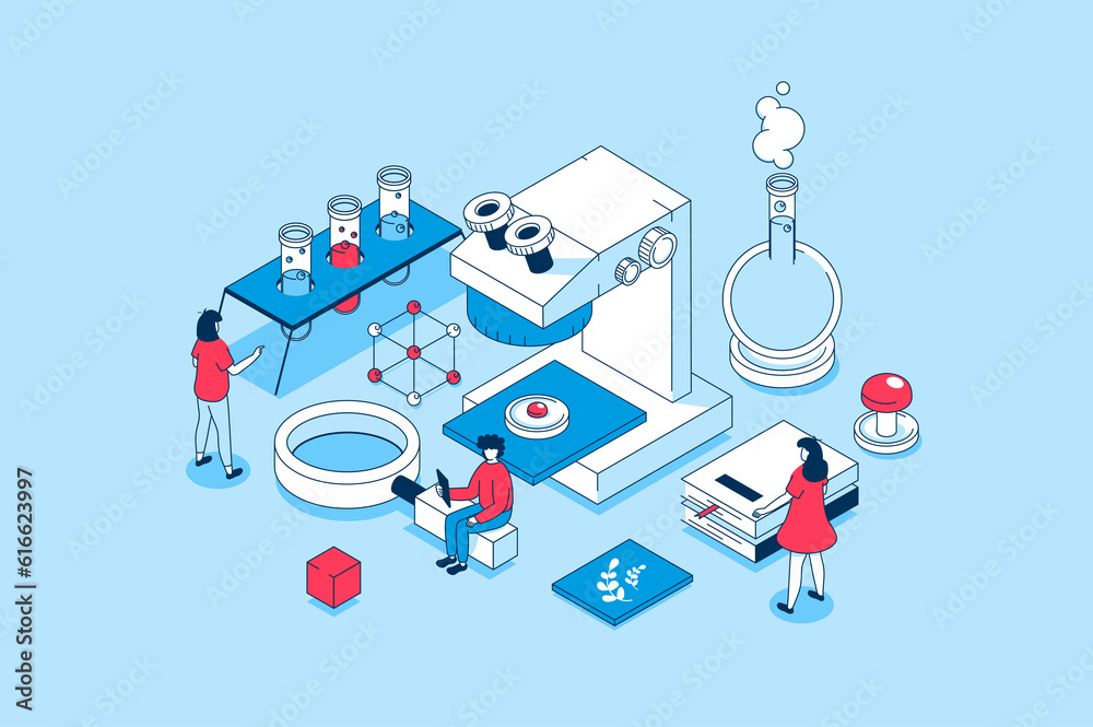 Leinwandbilder science laboratory concept in 3d isometric design. people researching blood or virus on microscope i