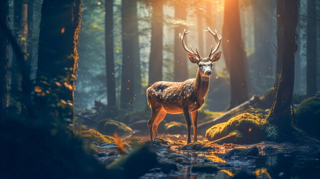 single georgous male deer standing in the wood in the evening light