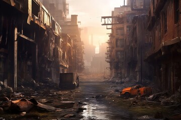 A post-apocalyptic ruined city,apocalyptic background. Created with Generative Ai technology.