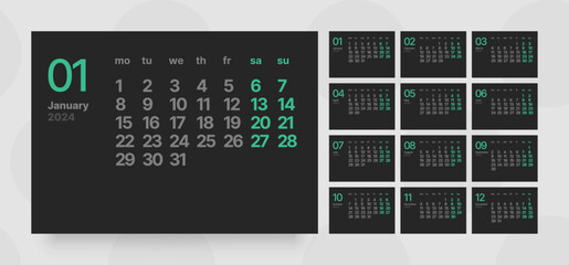 Monthly calendar template for 2024 year. Horizontal calendar grid in black and dark color. Week Starts on Monday. 