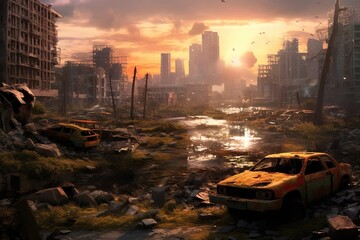 A post-apocalyptic ruined city,apocalyptic background. Created with Generative Ai technology. - obrazy, fototapety, plakaty