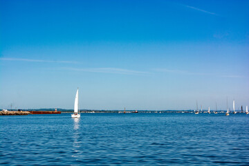 Aarhus, Denmark - June, 2023. sailboats in the bay on a sunny day