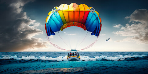 Parasailing over ocean and a cloudy sky - Generative AI
