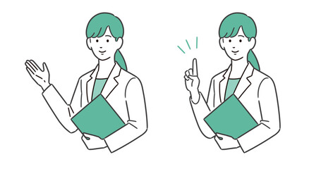 ファイルを持ちながら説明する女性イラスト
