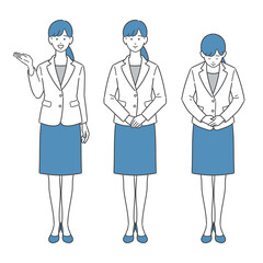 立ち姿で案内・紹介・説明する働く女性の全身イラストセット