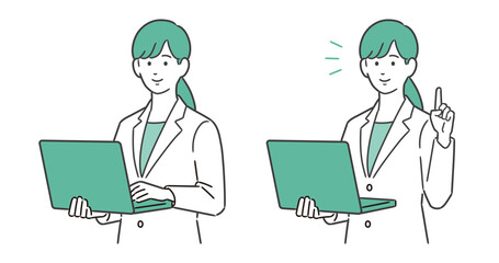 パソコンを持ちながら説明する女性イラスト	