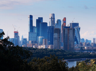 Fototapeta premium Moscow city skyscrapers during sunset time background