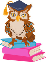 Owl character of student or professor sitting on books. Owl on educational and school topics, design of timetable of lessons and diplomas of education.
