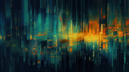 Glitch overlay. Analog distortion. Noise texture. Blue green orange background. 