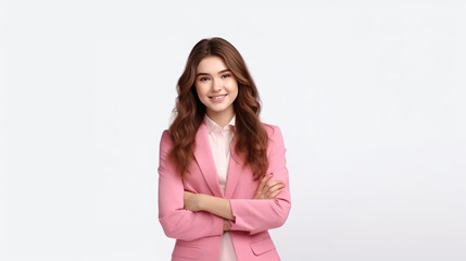 Obraz premium Confidence cheerful beautiful young girl wear pink suit arms crossed standing on isolated white background, Generative AI