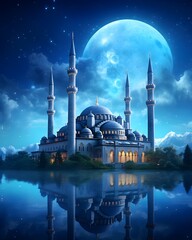 Beautiful mosque at the night with milkway sky. Big moon. To celebrate islamic day. Adha, fitr, ramadhan, isra mi'raj, islamic new year day. 