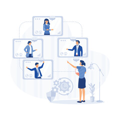 Video conference. People group on computer screen taking with colleague. Video conferencing and online communication vector concept, flat vector modern illustration