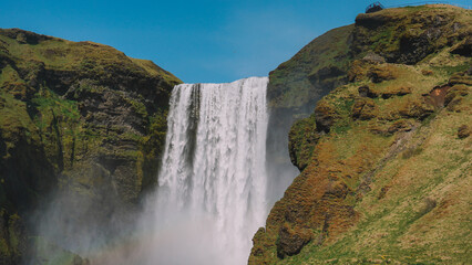 Waterfall In Iceland. Amazing View Of The Skogafoss Waterfall