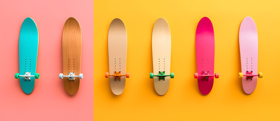 four skateboards on pink and yellow one is painted orange Generated by AI