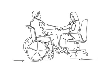 Single one line drawing Disabled person concept working in workplace. Continuous line draw design graphic vector illustration.