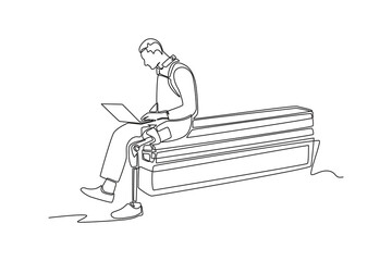 Single one line drawing Disabled person concept working in workplace. Continuous line draw design graphic vector illustration.