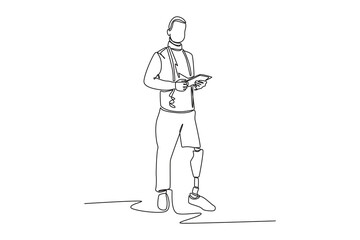 Single one line drawing Disabled person concept working in workplace. Continuous line draw design graphic vector illustration.