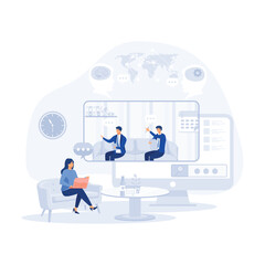 Worker using computer for collective virtual meeting and group video conference. Woman at desktop chatting with friends online, flat vector modern illustration