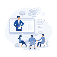 Business team at the video conference call in boardroom. Online meeting with CEO, manager or director, flat vector modern illustration 