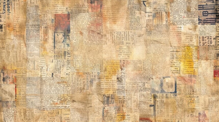 Newspaper paper grunge aged newsprint pattern background. Vintage old newspapers template texture, generative ai