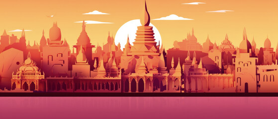 Fototapeta premium Myanmar Famous Landmarks Skyline Silhouette Style, Colorful, Cityscape, Travel and Tourist Attraction - Generative AI