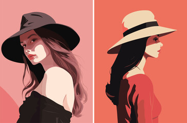 Girl wearing a hat. Minimalistic vector portraits. Fine Art.