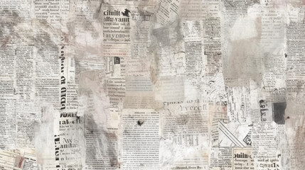 Newspaper paper grunge aged newsprint pattern background. Vintage old newspapers template texture, generative ai