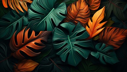 Floral tropical pattern on plant leaves background