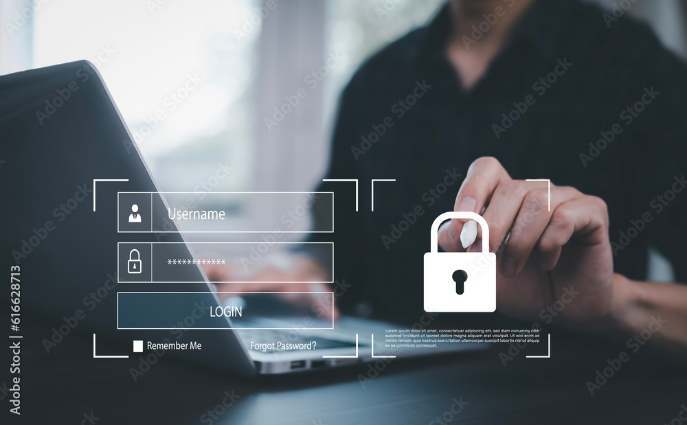 Wall mural cyber security and security password login online concept hands typing and entering username and pas