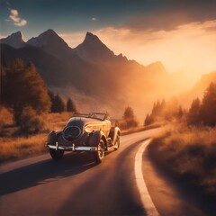 Fototapeta premium Beautiful sunset scene with vintage car driving on empty scenic road trough nature and mountains 