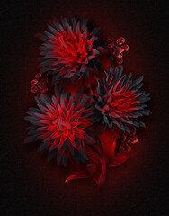 Floral arrangement, black and red chrysanthemum flowers, swirls, 3d rendering
