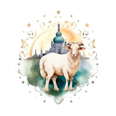 Eid al adha mubarak islamic festival watercolor sheep, PNG background