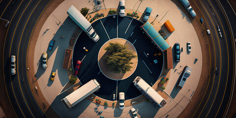 Naklejka premium View from above of cars and trucks in a roundabout - Generative AI