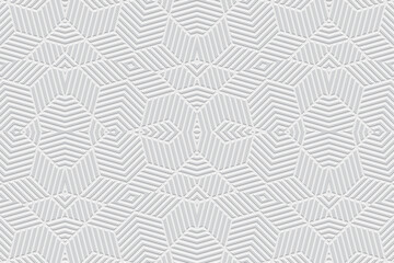 Embossed decorative white background, ethnic cover design. Geometric 3D pattern of lines, stripes and contours, press paper, leather. Tribal flavor of the East, Asia, India, Mexico, Aztec, Peru.