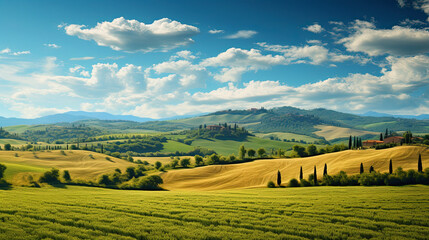 Fototapeta na wymiar Landscape photo of a summer hills field , ai generative